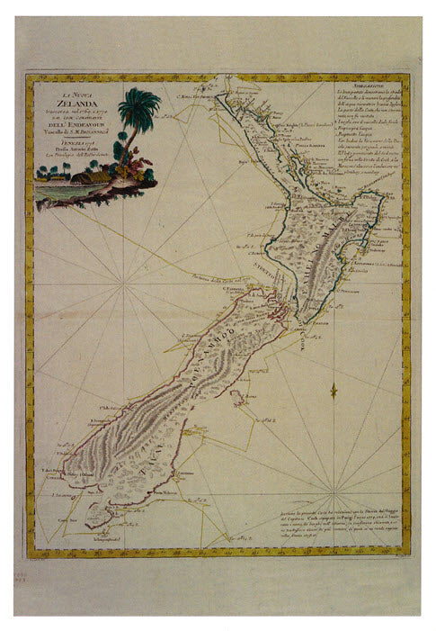 Map showing the HMS Endeavour's path around New Zealand on Captain Cook's voyage 1769-70